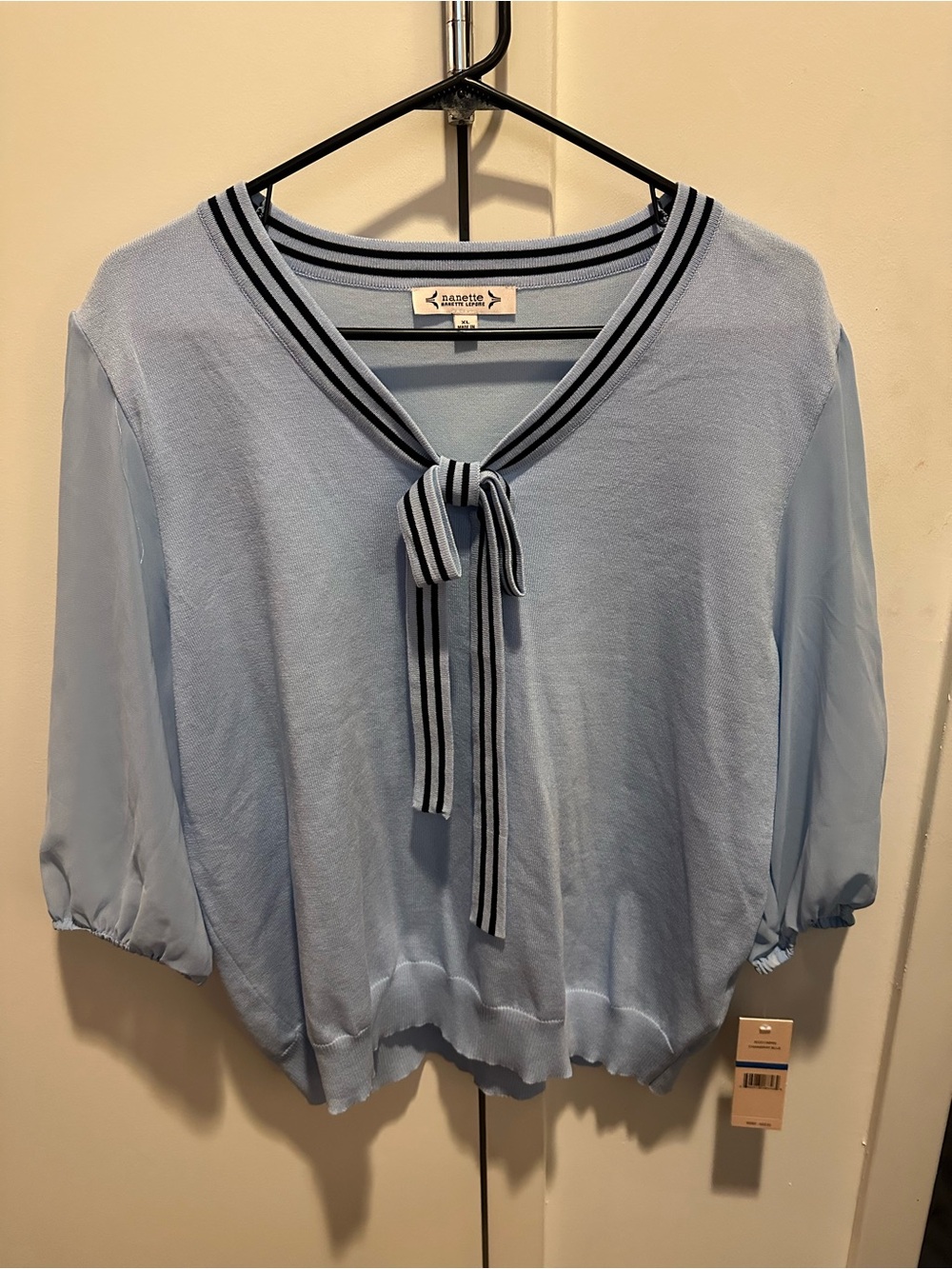 🆕 Light Blue Tie-Neck Women's Top with Striped Trim